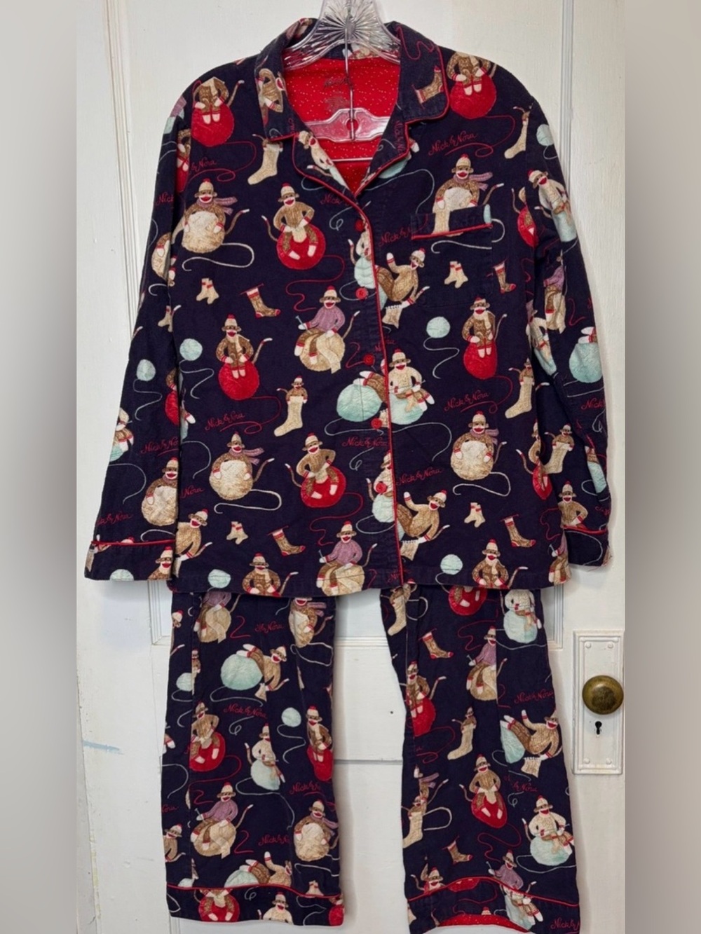 Nick & Nora Pajama Set Sock Monkey Flannel Knitting Yarn Women’s Size Medium
